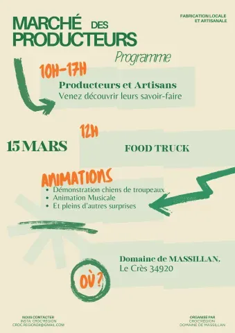 Accompagnée du Domaine Massillan, l’association Croc’Région organise un marché de producteurs. Des producteurs locaux, une animation musicale et un food truck seront présents lors de cette journée pour vous régaler les papilles ! Croc’Région est une association étudiante qui a pour but de valoriser le terroir de la région Occitanie.