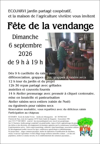 5 eme fête de la vendange association ECOJARVI le dimanche 06 09 26  cueillette pressurage dans un vieux pressoir, repas partagé, sur googlemaps
